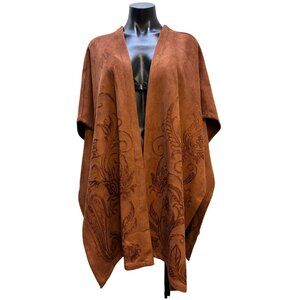 Chicos Faux Suede Wrap Open Front Brown L/XL With Floral Embroidery